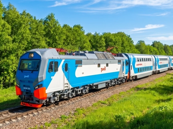 Современный скоростной двухэтажный поезд Аврора на маршруте Москва - Санкт-Петербург